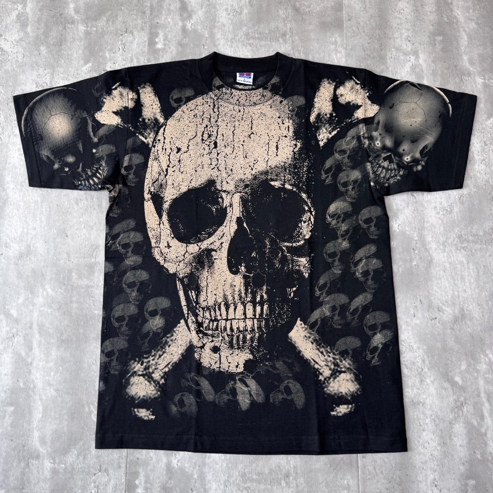 Vintage Skull T-Shirt Mens L Black AOP Biker Goth Punk 90s C&H Mexican Bootleg